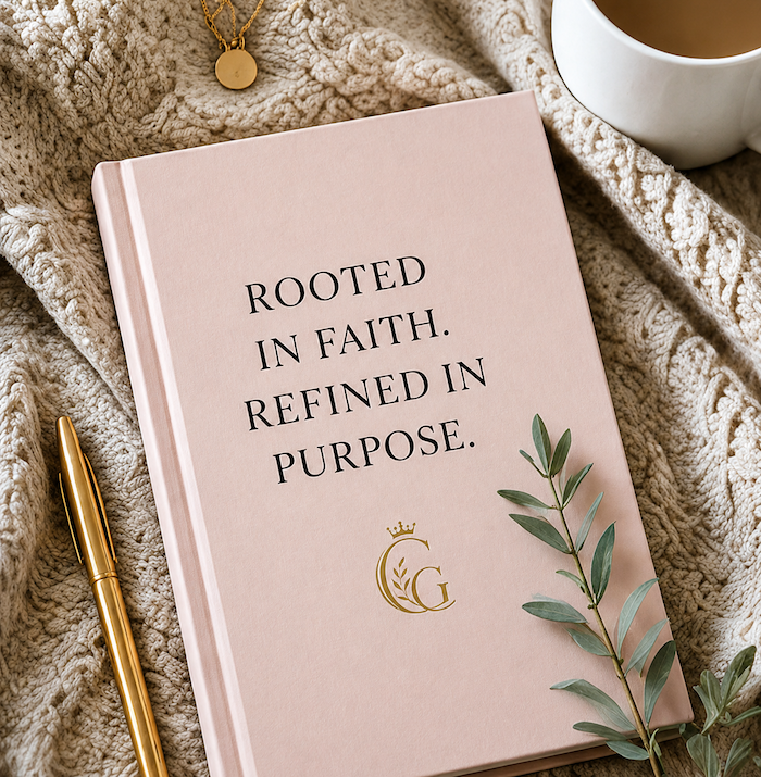A journal featuring the quote Rooted in faith retired in purpose on its cover emphasizing inspiration and reflection