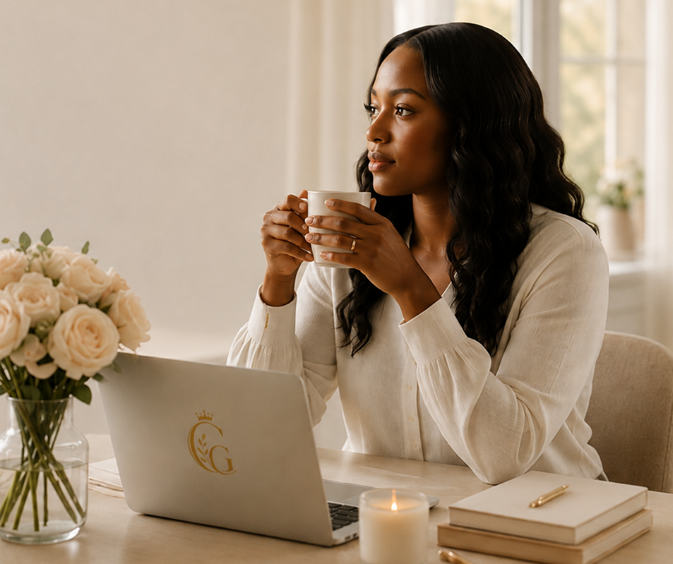 A woman sits at a table, working on a laptop with a cup of coffee beside her.
