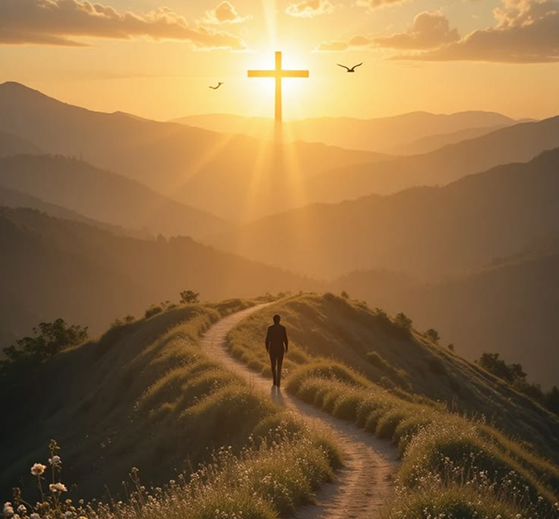 Man walking along a road towards a cross silhouette against a vibrant sunset sky